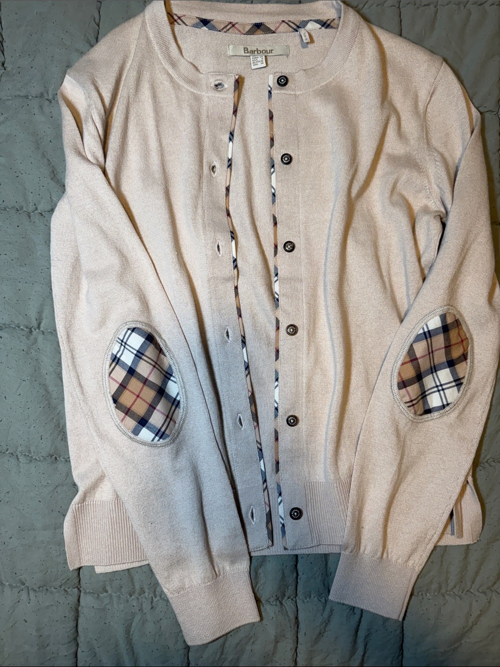 Barbour Cream Cardigan with Plaid Elbow Patches